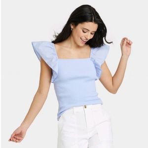 A New Day Blue Top, Puffy Short Sleeves Light Blue